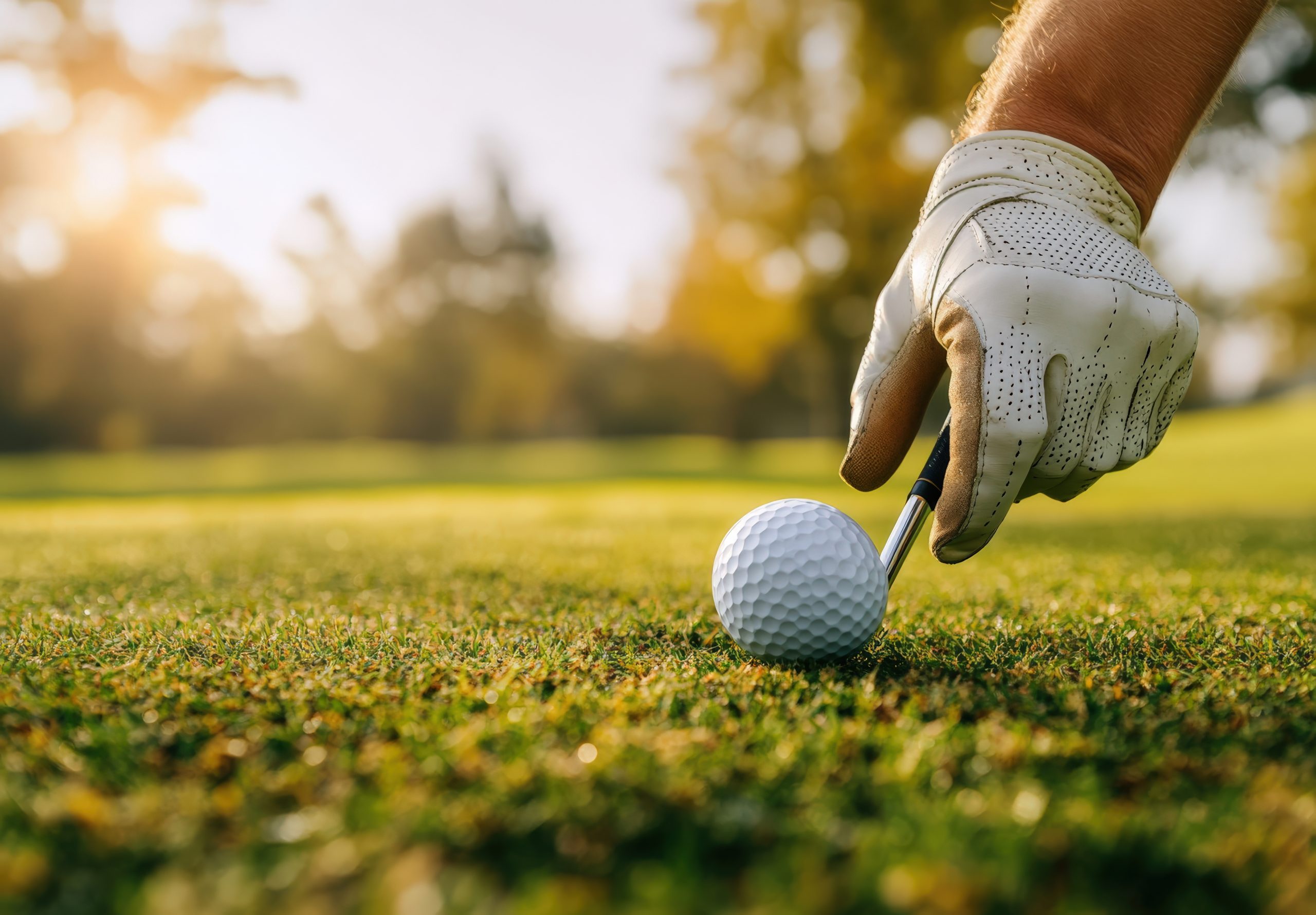 a skilled golfer is carefully putting a golf ball on the green surface